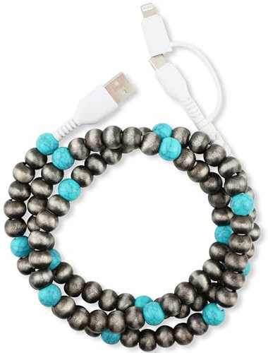 MyfavoriteK Cute Beaded Phone Charger Metallic Colors USB Cable iPhone 2-in-1 USB-C and iPhone Charging Cable Colorful 3.3ft Cord for Smartphones (Charcoal)