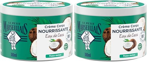 Le Petit Marseillais | Crème Corps Nourrissante Eau de Coco (pot de 380 ml) – Crème hydratante pour peaux sèches – Formule vegan 95% d'origine naturelle (Lot de 2)
