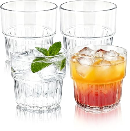 4pcs Plastic Tumblers for Adults, Acrylic Plastic Glasses Reusable Drinking Glasses 300ml, Plastic Cups Beakers Cocktail Glasses Whiskey Glasses for Juice Beer Wine, for Picnic Camping Party (Clear)
