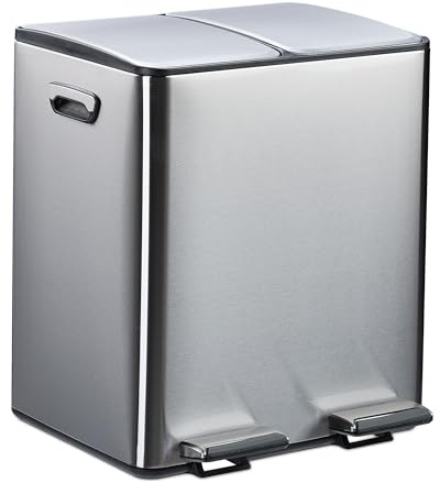 Relaxdays Kitchen Bin, 2 Compartments, 15 Litres Each, Removable Buckets, Foot Pedal, Recycling Dustbin, Silver/Black, 10% plastic 90% iron, 15 l