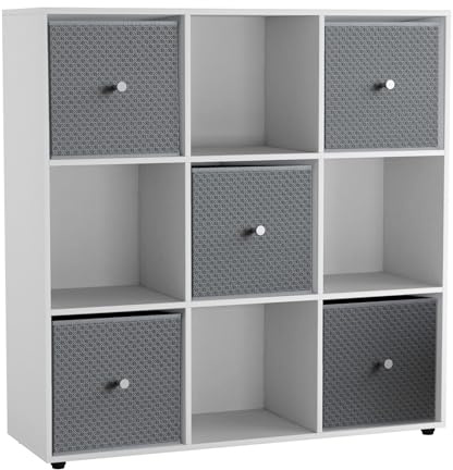 URBNLIVING 9 Cube Storage Unit with 5 Foldable Fabric Drawers, Wooden Freestanding Bookcase Shelf Organiser, Modern Cube Shelving for Bedroom, Office, Living Room, Toys, Clothes & Books