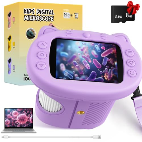 1000X 2.4 HD Handheld Digital Microscope for Kids, STEM Toys for Ages 4-12 | 8GB Card for Photos & Video, 8 LED, USB Rechargeable Portable Miniscope, Birthday Gift for Boys Girls-Science Gadget Edu Kits