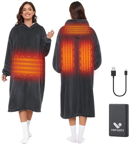 VOFUOTI MAX Heated Wearable Blanket, Cordless Electric Heating Blanket Hoodie with Battery,Oversized Sweatshirt Throw Blanket (Gray-16000mAh)