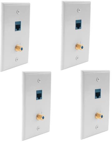 Harewtwy Lot de 4 Prises Murales Coaxiales Ethernet avec 1 Port Cat6 et 1 Port Coaxial Plaqué ou de Type F RJ45 Plaques Murales