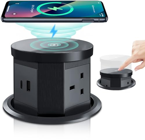 Pop up Power Sockets with 15W Wireless Fast Charger, Touchscreen Automatic Pop up with 3 x UK Plugs, 1x USB & 1x Type C Port, Aluminum Alloy Material, for Home Office Kitchen Worktops Desktop (Black)