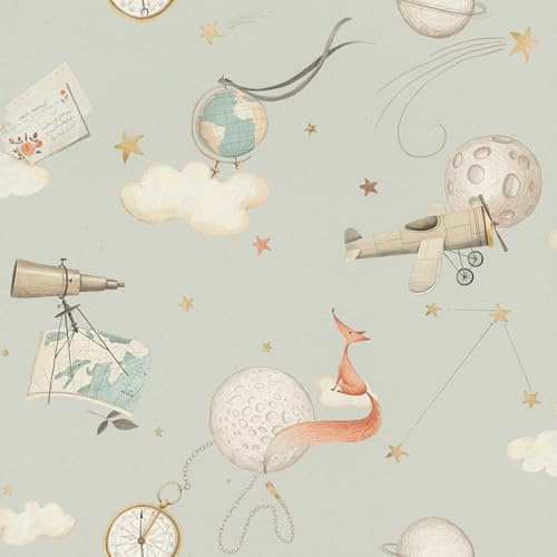 Rasch Kids World Collection 302226 Non-Woven Wallpaper with Explorer Motif in Grey with Clouds Compass and Stars