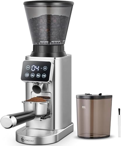 AMZCHEF Electric Coffee Grinder, Burr Coffee Grinders for Home Use, 48 Precise Grind Setting, LED Control Panel, Detachable Portafilter Holder, Stainless Steel Coffee Bean Grinder for Espresso, Sliver