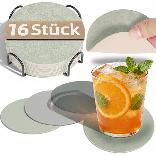 HELI MIAO 16 Stück Untersetzer Gläser,Doppelseitige Glasuntersetzer aus Kunstleder -Rund,rutschfest & hitzebeständig -Inkl.Aufbewahrungsständer(10cm,Hellgrün+beige) -Für Tisch,Bar,Outdoor