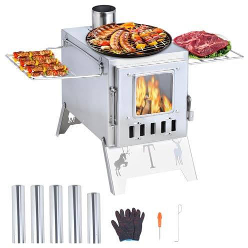Hot Tent Stove with 5 Pipes Accessories, Wood Burning Camping Stove, Visible Window Side Panels Heating Cooking Wood Burner Stoves for Picnic Fishing Hiking (Silver)