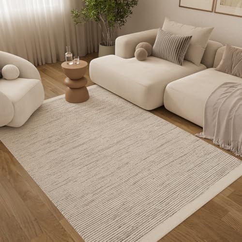TAPISO Loni Wollteppich handgewebt Beige Creme Wohnzimmer 140 x 200 cm | Wollwebteppich Wolle und Baumwollteppich Hand Made pflegeleicht für Schlafzimmer Flur Esszimmer