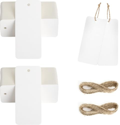 Lot med 200 vita hängselmärken 4 × 9 cm, rektangulära presentmärken för presenter med hål och juteband, kraftpappermärken för hantverk, presenter, kläder, kort