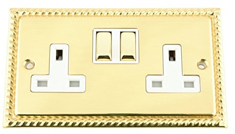 Double Plug Socket 2 Gang 13 Amp - Georgian Polished Brass - White - Metal Rocker Switch