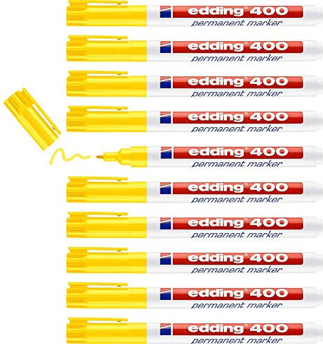 edding 400 Permanentmarker - gelb - 10 Stifte - feine Rundspitze 1 mm - wasserfest, schnell-trocknend - wischfest - für Karton, Kunststoff, Holz, Metall, Glas