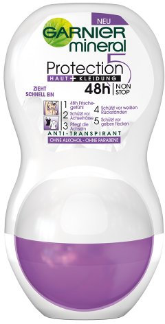Garnier Mineral Deodorant Protection5 Haut + Kleidung – Roll-On Frauen 48h Non-Stop Protection / angereichert mit Mineralite (dermatologisch getestetes Antitranspirant - alkoholfrei, parabenefrei) 6 x 50 ml
