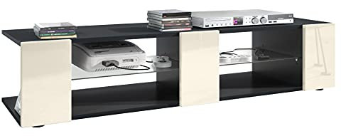 Vladon Buffet Bas Movie V2, Meuble TV avec 6 Compartiments Ouverts et placages décoratifs, Noir Mat/Crème Haute Brillance (134 x 29 x 39 cm)