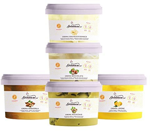 Crema Spalmabile e per Farcitura al Pistacchio 500 g, Cioccolato Bianco 500g, Nocciolata al Latte 500g, Crema di Mandorle 250 g, Crema di Limone 500g.