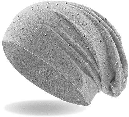 Damen Beanie Mütze | mit edler Strass Nieten Applikation | Mädchen Mütze | elastisches Slouch Long Beanie | leicht und weich (Hellgrau)