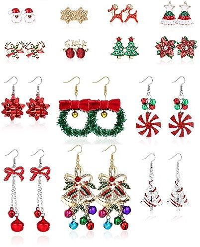 LOLIAS 14 Paar Weihnachts Ohrringe Set für Damen Leichte Große Baumelnde Hänge ohrringe Weihnachtsmann Schneemann Rentier Weihnachtsohrringe Geschenk Weihnachtsbaum Baumeln Ohrringe