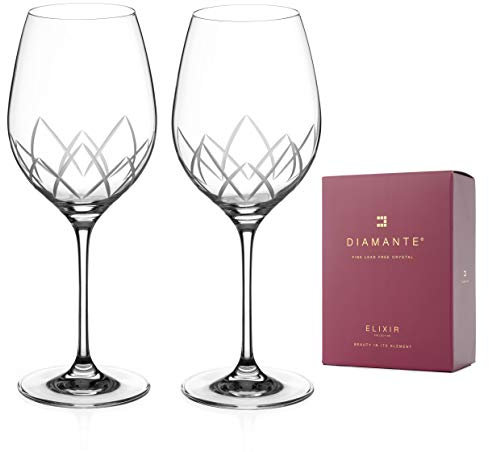 DIAMANTE Red Wine Glasses Pair – ‘Lotus’ Collection Hand Cut Crystal Wine Goblets Set of 2