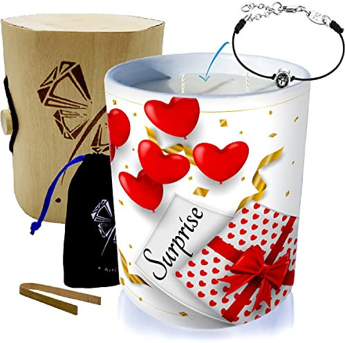 Überraschungs-Kerze mit Schmuck Monoï Duft aus Tahiti - Schmuckstück mit Swarovski® - Duftkerze 60 Stunden Brennzeit - Armband mit 2 ineinander verschlungenen Herzen
