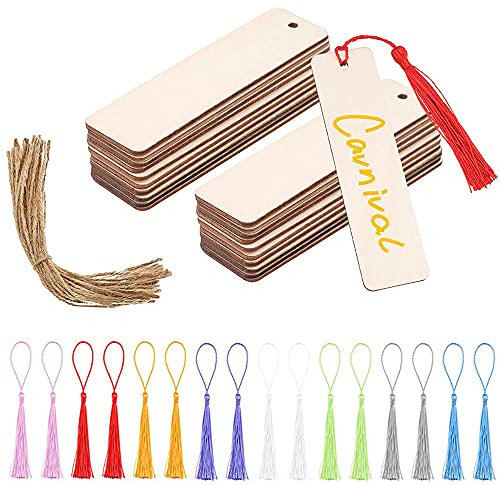 Holz Blanko Lesezeichen Set, 36 Stück DIY Holz Handwerk Lesezeichen, 36 Stück Mehrfarbige Quaste Und 36 Stück Hanfseil, Rechteck Leeres Lesezeichen Mit Löchern Für DIY Etiketten, Lesen