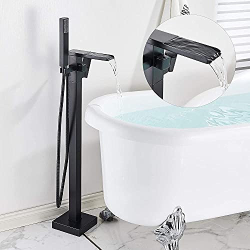 Linyuan Robinets de baignoire autoportants cascade Mitigeur de salle de bain noir Robinet de baignoire avec pommeau de douche à main Robinet en laiton au sol