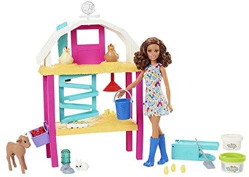 Barbie y su Granja Muñeca Profesiones Morena con Granja, Animales y Accesorios, Incluye Juego de plastilina, Juguete de Regalo +3 años (Mattel HGY88)