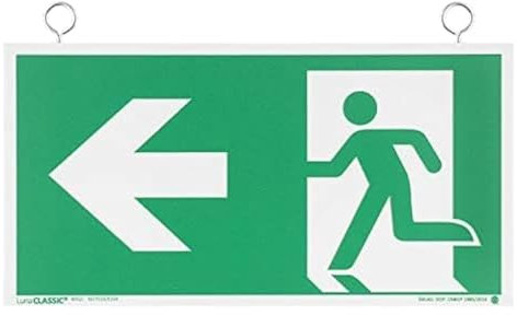 notlok Safety Work - Cartello Uscita Emergenza [30 x 15] | PVC fotoluminescente + kit di montaggio | Cartello Sospeso al Soffitto, Segnaletica Sicurezza Sul Lavoro UNI EN ISO 7010 | Freccia a sinistra