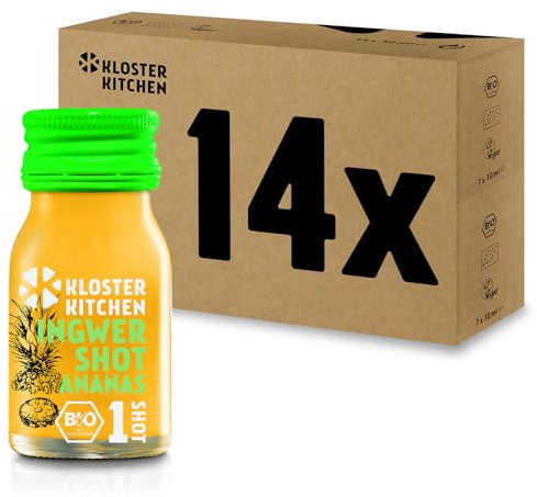 Kloster Kitchen Bio Ingwer Shot Ananas 1SHOT 14 x 30 ml mit echten Ingwerstückchen I Ingwershot vegan in der To Go Glasflasche I süß-scharf ohne Zusatzstoffe & mit natürlicher Süße