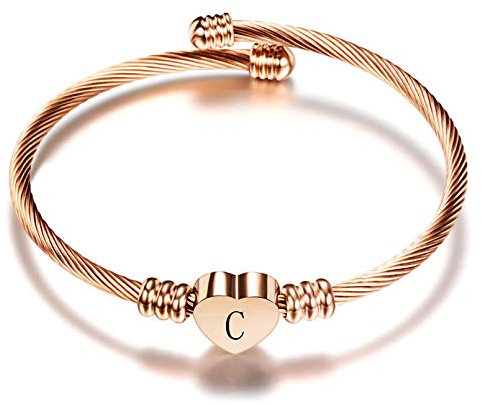LSxAB Women Rose Gold Initial C Letter Cuff Bracelet Heart Capital Name Alphabet Bangle Wristband Bracelets Expandable
