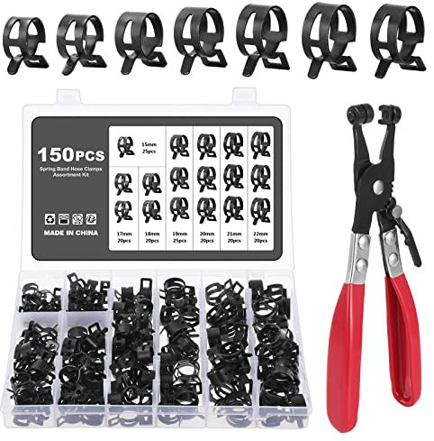 Knpwer 150 Pcs Clip à Ressort Tuyau Serre joints 7 Tailles Tuyaux Colliers de Clip à Ressort Tuyau Serrage Ajustable de Tailles,Avec une Pince à Collier de Serrage