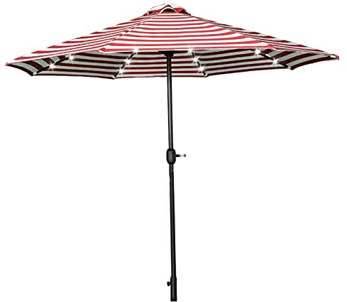 Sonnenschirm mit LED Solar 2,7m, Gartenschirm Rot-weiß Gestreift, Sonnenschirm Strand mit Handkurbel, für Balkon, Terrasse & Garten