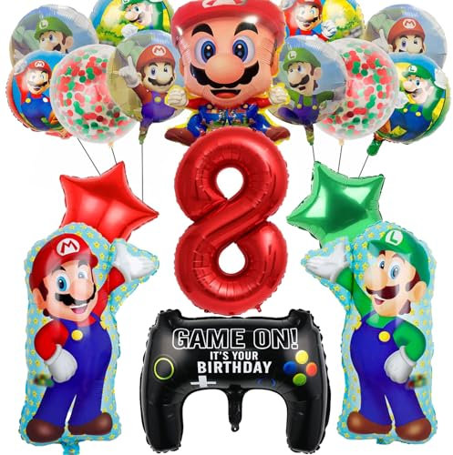 DOUKI 13 Stück Su-per Ma-rio Luftballons Geburtstag 8 jahr, Aufblasbare 3D Ballons, Folienballon und Latex, Zahlenballon für Kindergeburtstag Party Dekoration (8)