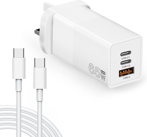 USB C Charger Plug, 65W GaN 3-Port Compact Fast Wall Power Adapter with USB-C Cable for Mac Book Pro/Air, i Pad Pro, iPhone 15/14/Pro,Galaxy S23/S22,Steam Deck,Laptop and more(White)