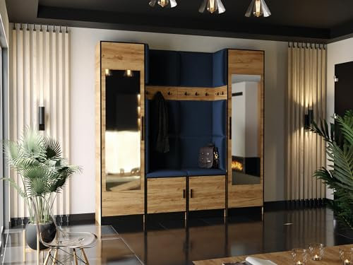 KIER FURNITURE Kleiderschrank Mit Gepolstertem Sitz Und Paneelen – Gardarobenstaender – Sitzbank Garderobe – Flurgarderobe Schmal – Farbe Goldene Eiche Craft + Stoff Blau – 106,4 x 205 x 39 cm