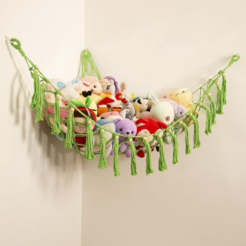 Stuffed Animal Hammock Teddy Bear Net Plush Holder Soft Toy Storage Organizer Boho Macrame Toy Holder-Green