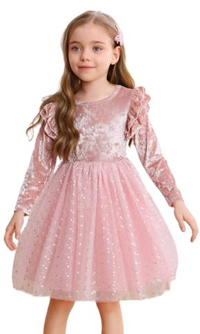 Girls Dress Long Sleeve Ruffled Velvet Sequins Tulle Dress Birthday Party Princess Dress for Toddler Girl 6-7 Years Pink
