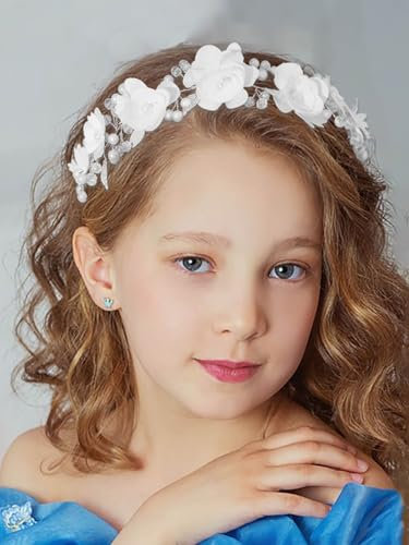 IYOU Blumenmädchen Kopfschmuck Blumen Weiß Stirnbänder Perle Hochzeit Haar Reben Braut Kommunion Haarschmuck für Mädchen