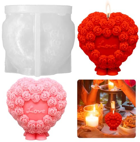 Molde de silicona para velas, forma de corazón, rosas, flores, velas, corazón, molde de silicona, molde de jabón, molde de jabón 3D, forma de corazón, molde de silicona, molde de corazón, bola de