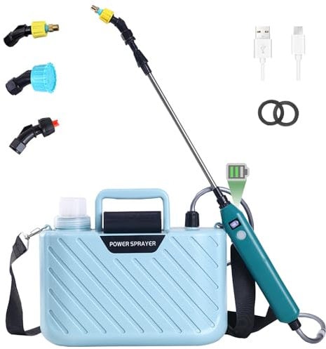 DOUBFIVSY 5L Spruzzatore Elettrico a Batteria per Piante, Nebulizzatore a Pressione da Giardino con 3 Beccuccio Regolabile, Visualizzazione di Potenza, Irroratrice a Pressione Automatica (Blu)
