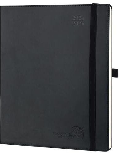 POPRUN Kalender 2025 Wochenplaner (Aug.2024-Dez.2025) Softcover mit PU-Leder, ca. A4 (26,5 x 21,5 cm), 17-Monate-Terminplaner 2025 1 Woche 2 Seite mit Zertifiziertem Papier - Schwarz