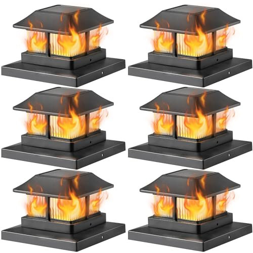 Dynaming Solar Flame Post Cap Lights Outdoor, Solar Powered Fence Post Light, Flickering Flame LED Lantern Lamps Waterproof for Garden Deck Patio, Fit 4x4, 5x5 or 6x6 Vinyl/Wooden Posts, 6 Pack