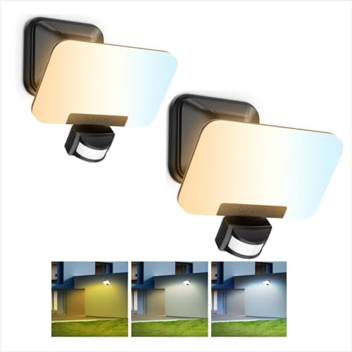 OREiN 2800LM Led Außenleuchte mit Bewegungsmelder 24W, 3 Farben& 3 Betriebsmodi (inkl. Dauerlicht) Aussenstrahler mit 122 LEDs, max.12M Reichweite, voll schwenkbar, IP65 Flutlicht Wandlampe, 2 Stück