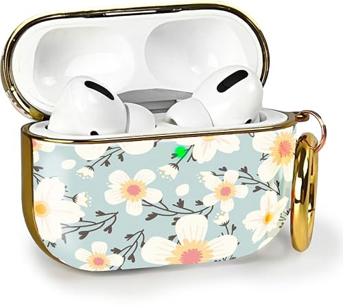 MyGadget Hard Case [ Floral Pattern ] compatible with Apple Airpods Pro 1 (2019) - Induction Charging Cover - Carabiner & Visible LED - Skin Baby Blue & White