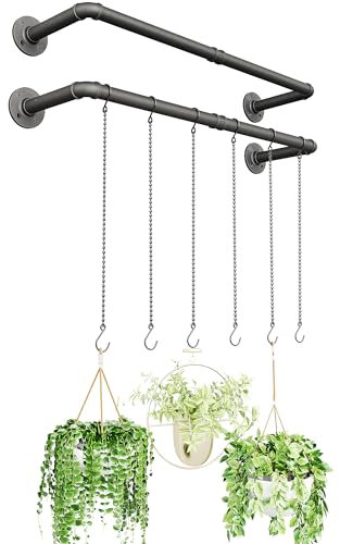 SOFITORG Pflanzenhänger für drinnen, 2er-Pack für Zimmerpflanzen mit 6 Aufhängeketten, Wand-Pflanzenaufhängestange für Fenster/Decke, 97 cm, Metall/Schwarz, Töpfe nicht enthalten