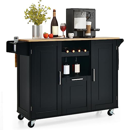 GOPLUS Desserte de Cuisine à roulettes avec Plateau Pliable, îlot de Cuisine avec Porte-Bouteilles, 2 Armoires à Portes, 4 Roues Universelles et Poignée, 130 x 74 x 90cm(Noir)
