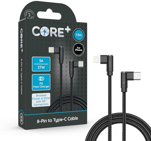 CORE + | 1M USB C to 8-Pin iPhone Long Charger Cable 3A 27W | Fast Charging | Compatible with iPhone, iPad, Airpods + Pro Max, Mini, Plus | iPhone 13, 14, 12, 11, 10 (1 x 1.5M 90° Connector)