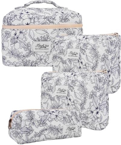 POFIBO 4er Kosmetiktasche Damen - Kulturtasche Damen mit Blumenmuster, Reise Kosmetiktasche Set, Make up Bag Aesthetic Blumen Make up Tasche für Frauen Mädchen (Dunkelblau)