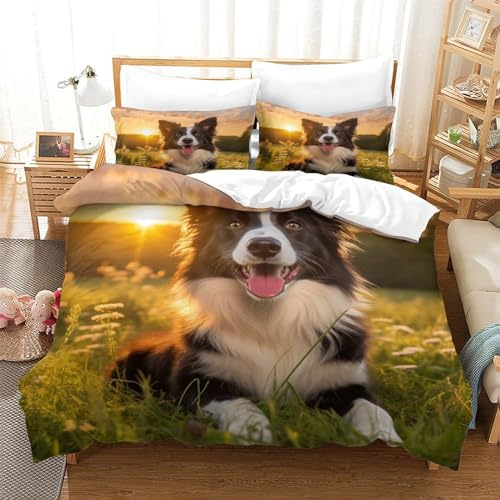 VesFy Border Collie Hund Bettbezug Set 3D Gedruckter Tier Pet Für Kinder Mädchen Jungen Bettwäschegarnitur Bettwäsche Und Kissenbezüge Weich Microfaser Reissverschluss 3 Teilig Single（240x200cm）