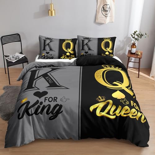 HOSIMA Krone-Bettwäsche-Set für Erwachsene, Jungen und Mädchen, Schwarzgrau König Königin-Druck, Bettbezug mit 2 Kissenbezügen (Königin XL)